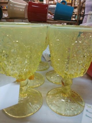 Set Of 6 Lg Wright Daisy And Button Yellow Vaseline Opalescent Vintage Goblets