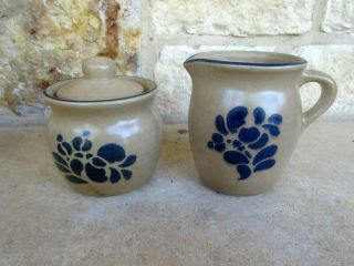 Pfaltzgraff Folk Art Sugar Bowl W/lid & Creamer Tan/blue Floral
