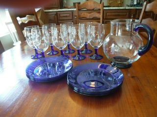 Princess House Heritage Set Of 8 Blue Stemmed Glasses,  Plates And Pitcher