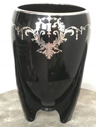 Duncan Miller Art Deco Rocket Vase Black Glass With Silver Overlay 9 "