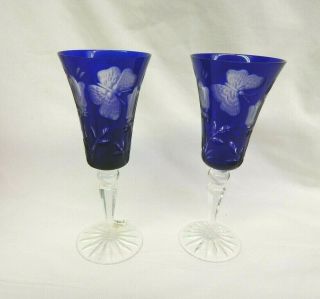 2 Incredible Ajka Hungary Wine Stems Flower Butterfly Design Cobalt Cut To Clear