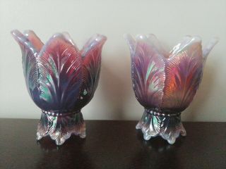 Fenton Plum Opalescent Two Way Candle Holder Pair Perfect