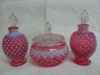 Vintage Fenton Art Glass Cranberry Opalescent Hobnail Powder Vanity Perfume Set