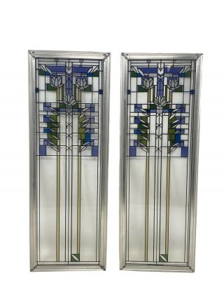 2 Frank Lloyd Wright Stained Glass Metal Framed Water Lilies 17x6 Window Panels