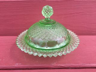 Anchor Hocking Miss America Green Pressed Glass Round Butter Dish