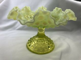 Fenton Vaseline Glass Pedestal Dish Yellow - Green With Opalescent Ruffle Hobnail
