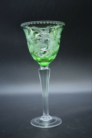 Czech/bohemian Emerald Green Cased Cut To Clear Flowers Butterflies 8 " Wine Hock