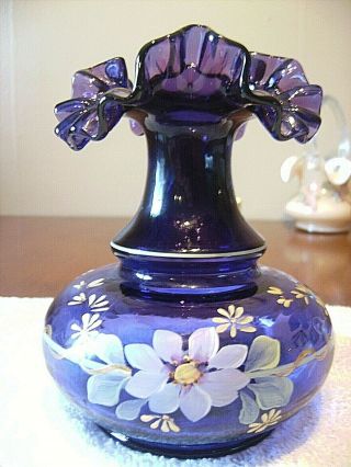 Fenton Glass Royal Purple Hand Painted Vase By Artist