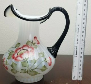 Fenton French Opalescent Rib Optic Pitcher Black Crest Hand Painted Poppies Sign