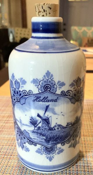 Vintage 6.  5” Tall Holland Delft’s Blauw - Blue Bottle Windmill - Sailboat Vase