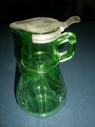 Green Depression Glass Syrup Pitcher With Metal Top