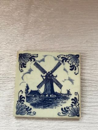 Vintage Small Blue & White Delft Square Pottery Tile With Dutch Windmill - 2 And