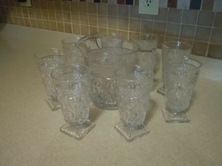 Vtg Imperial Glass Cape Cod Clear Ice Lipped Pitcher W 8 Square Ball Lg Goblets