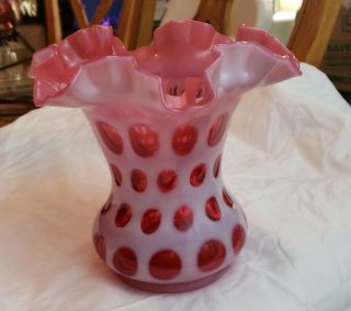 6.  5 " Vintage Fenton Opalescent Cranberry Pink Coin Dot Ruffled Vase