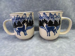 Set Of 2 Wolf By Tienshan Coffee Mugs Blue Black Sponge Wolf & Mountains B3