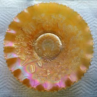 Stunning Carnival Glass Northwood Marigold Good Luck Bowl Pie Crust Edge Signed