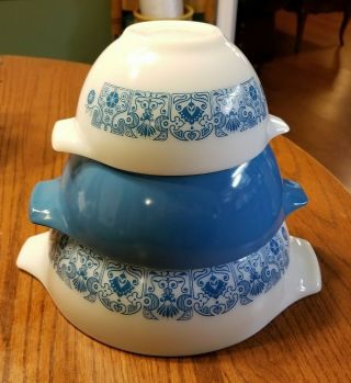 Three Vintage Pyrex Horizon Blue Mixing Nesting Cinderella Bowls 441 - 442 - 443