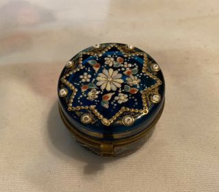 Mini 1 1/4” Victorian Moser Gold & Enamel Blue Covered Dresser Jar