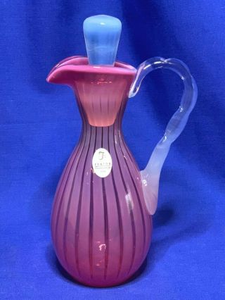 Fenton Cranberry Opalescent Art Glass Rib Optic Pattern Cruet With Stopper