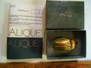 Vintage Lalique Crystal Scarab Beetle Paperweight Figurine Green Gold Nib