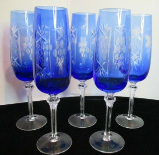 Cobalt Blue To Clear Cut 5 Champagne Goblets Notched Stems Grapes 8 5/8 "