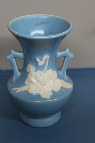 Vintage Weller Pottery Cameo Vase,  Blue White Violet Pattern,  Double Handled