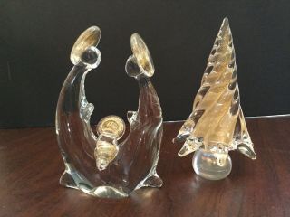 Vintage Murano Glass Clear & Gold Nativity Figure 7 3/8 " With Clear & Gold Tree