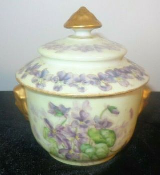 1853 Haviland Porcelain Covered Sugar Bowl/sucrier W/ Hand - Decorated Violets