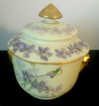 1853 Haviland Porcelain Covered Sugar Bowl/Sucrier w/ Hand - decorated Violets 2