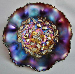 Northwood Three Fruits Medallion Lovely Purple Carnival Glass Footed Bowl 7635