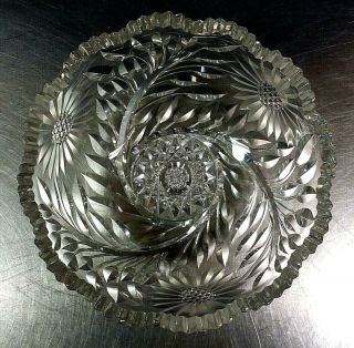 8 " Abp American Brilliant Cut Glass Bowl,  Sunflower Flower Hobstar Sawtooth Edge