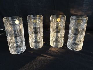 Set Of 4 Ralph Lauren Glen Plaid Etched Lead Crystal Tumbler Highball Glasses