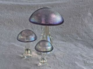 Heron Glass Amethyst Set Of Three Mushrooms - Giant Mushroom Etched On Base