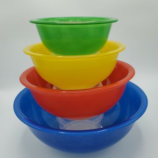Set Of 4 Vintage Pyrex Nesting Glass Mixing Bowls Primary Colors Clear Bottoms