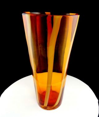Studio Art Glass Cased Amber White Vertical Stripes Large 12 3/4 " Vase