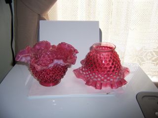 Vintage Fenton Cranberry Opalescent Hobnail Lamp Shade Pair 2 Perfectly Fine