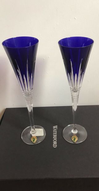Waterford Crystal Lismore Diamond Cobalt Blue Champagne Flutes Pair - / Box