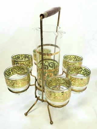 Vintage Culver Toledo Green Gold Martini Cocktail Set: Pitcher Rack Stir Glasses