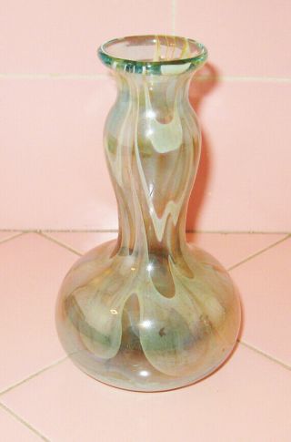Stuart Abelman Studio Art Glass Bud Vase 1976 Iridescent Green Brown