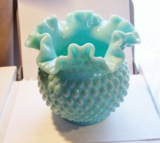 Vintage Fenton Turquoise Blue Milk Glass Hobnail Ball Vase Ruffled Top Perfect