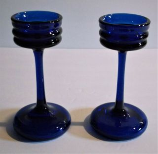 Pair Hand Made Cobalt Blue Art Glass Votive Tealight Stemmed Candle Holders