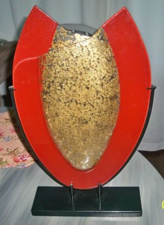 Stunning 20 " Contemporary Art Glass Vase Red Gold Specks On A Metal Frame Base