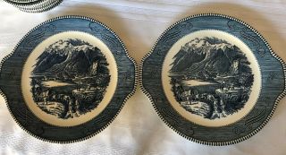 Vintage Currier Ives Royal China 2 Cake Serving Tab Plates Rocky Mountains Blue