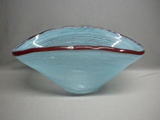 Large Heavy Handblown Studio Art Glass Bowl Blue Maroon With Polished Pontil