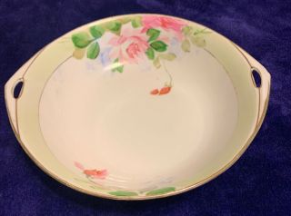 Nippon Green Dish/bowl With Pink Roses Hand Painted Dish With Handles