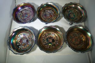 Set Of Six (6) Fenton Butterfly And Berry Cobalt Carnival Glass Footed Bowls