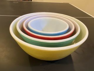 Complete Set Of 4 Classic Vintage Pyrex Glass Primary Colors Mixing Bowls Htf