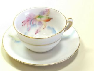 Vtg Occupied Japan Miniature Teacup And Saucer Set Hand Painted Gold Trim Bird