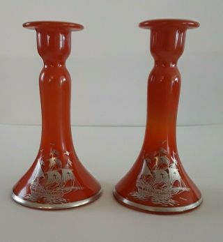 Mid Century Orange Glass Sterling Silver Overlay Candle Holders Ships 8 1/2 "
