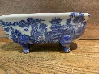 Vintage Victoria Ware Ironstone Transferware Oval Footed Bowl - Flow Blue/toile